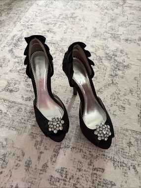 Black Satin Peep-Toe Heels with Crystal Brooch Accent